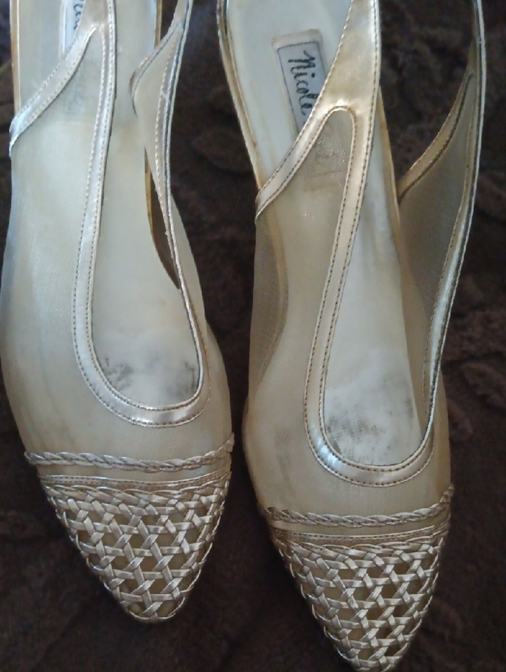 Nicole Rene Gold Woven Pointed-Toe Slingback Heels